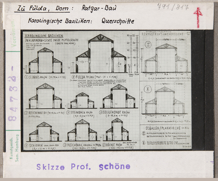 Vorschaubild Fulda: Vergleich der Karolingischen Basiliken mit dem Ratgar-Bau, Skizze Schöne 1960 